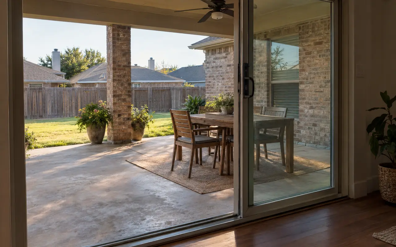 Sliding glass patio door partly open onto a covered back patio.