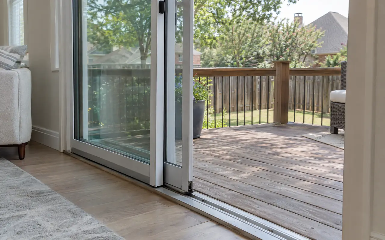 Sliding glass patio door half open onto a deck, seen from inside with the sill track in the foreground.