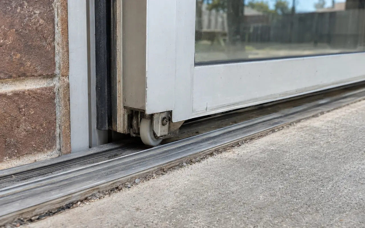 Close-up of a sliding patio door roller wheel above a sill track.