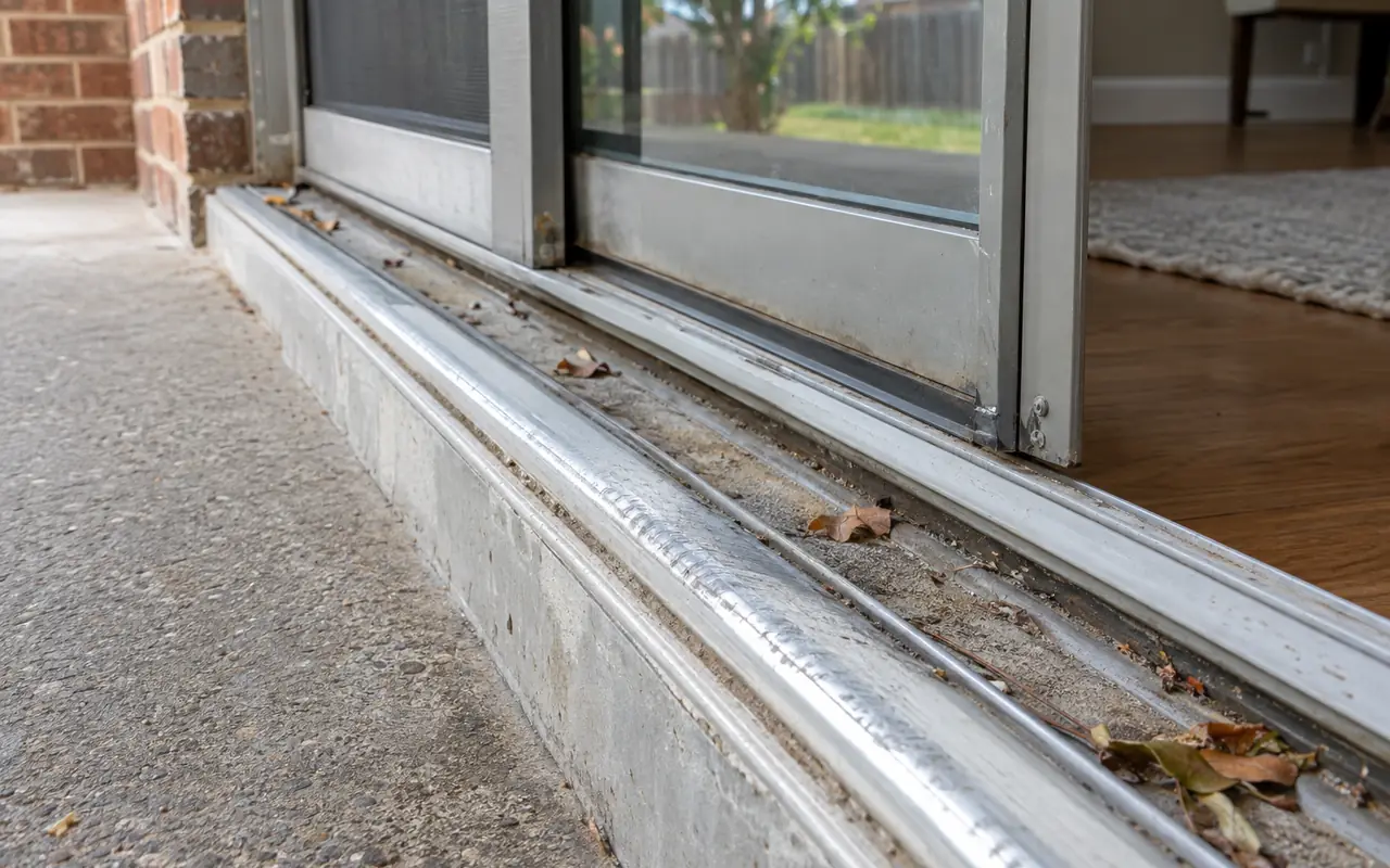 Worn aluminium sill track of a sliding patio door with a flattened section.