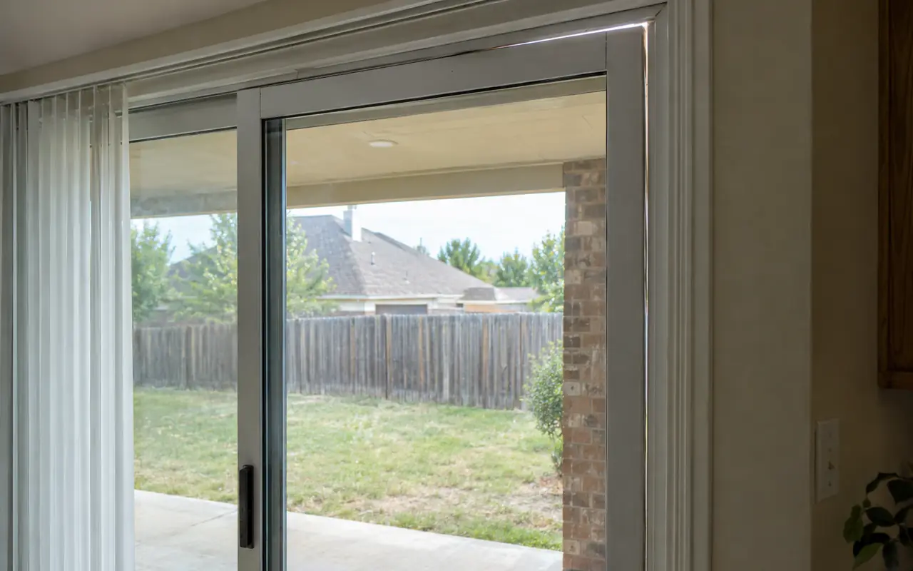 Sliding patio door panel out of square with a narrow gap of daylight at the top corner.