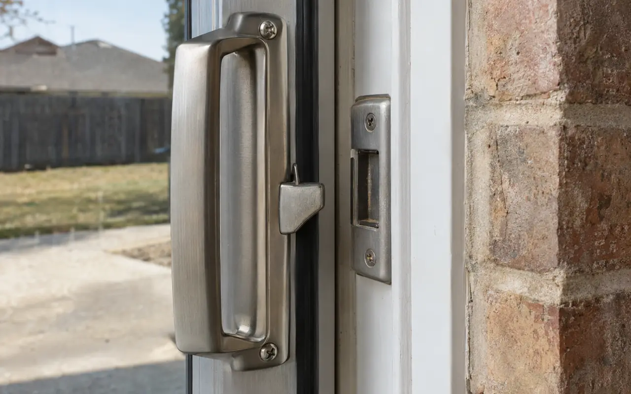 Close-up of a sliding patio door handle and latch beside its keeper.