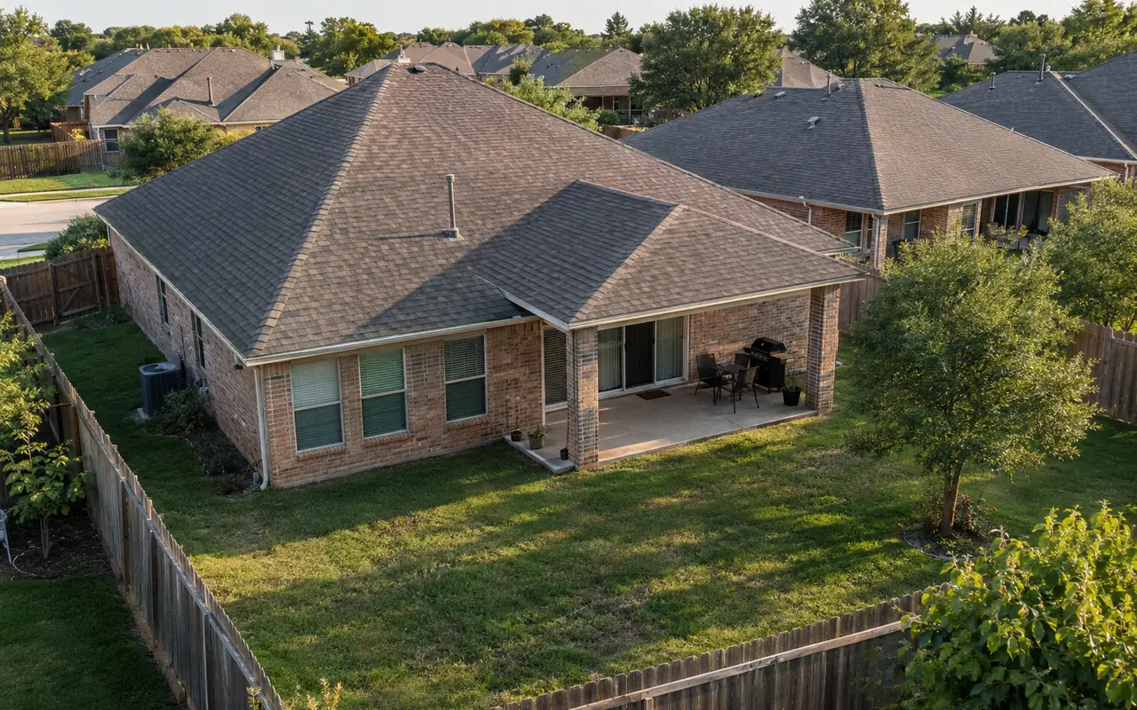 Elevated view of brick homes with covered patios and sliding glass doors.