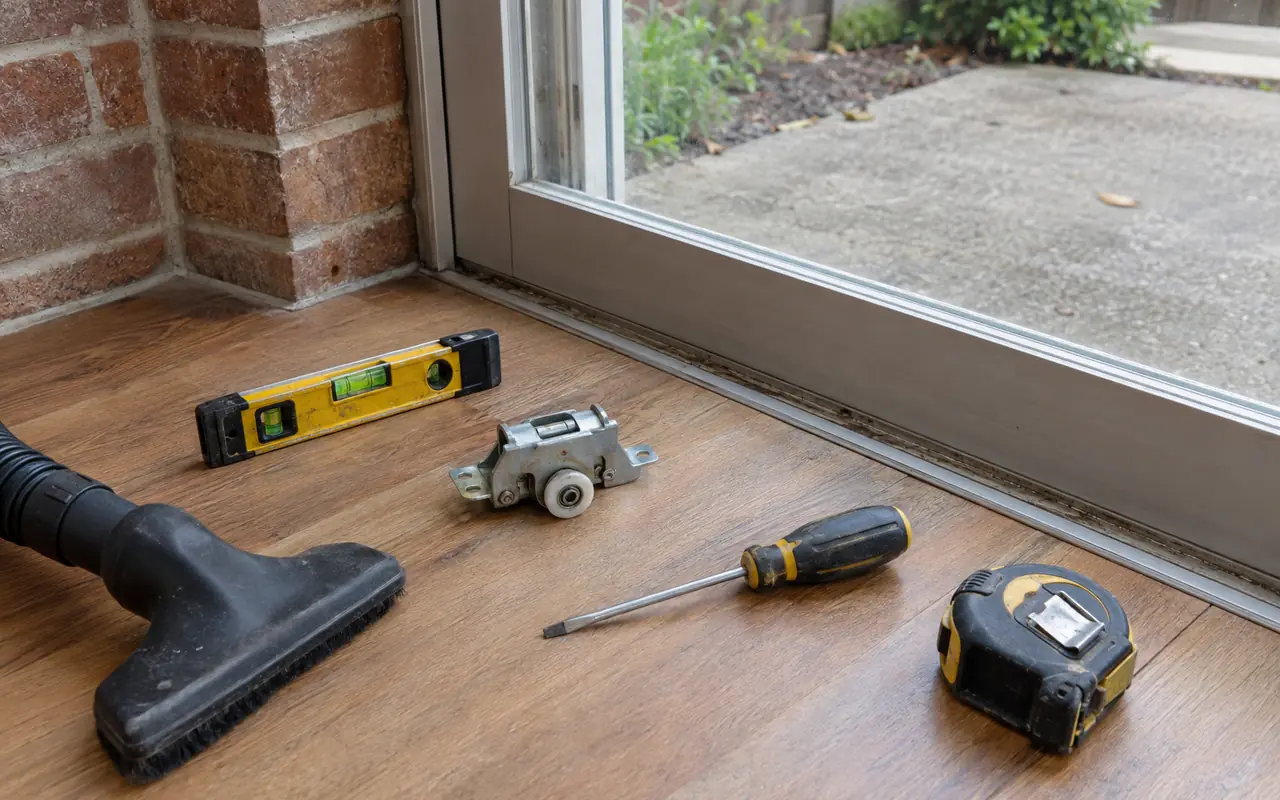 Replacement roller, screwdriver, level, tape measure and vacuum nozzle laid by a door sill.