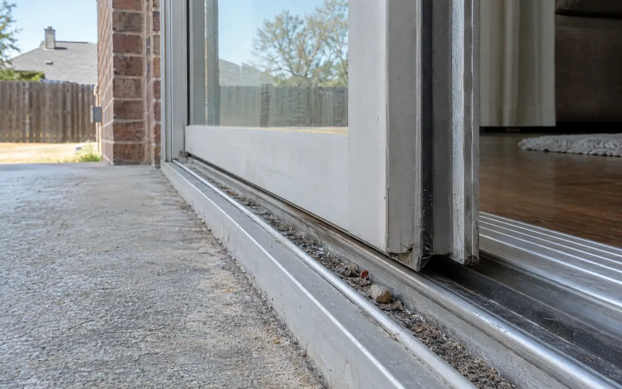 Sill track with grit and a pebble in the channel below a slightly tilted door panel.