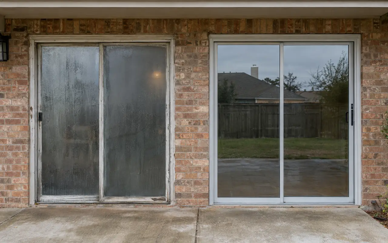 Two patio-door panels side by side, one fogged and worn, one clear.