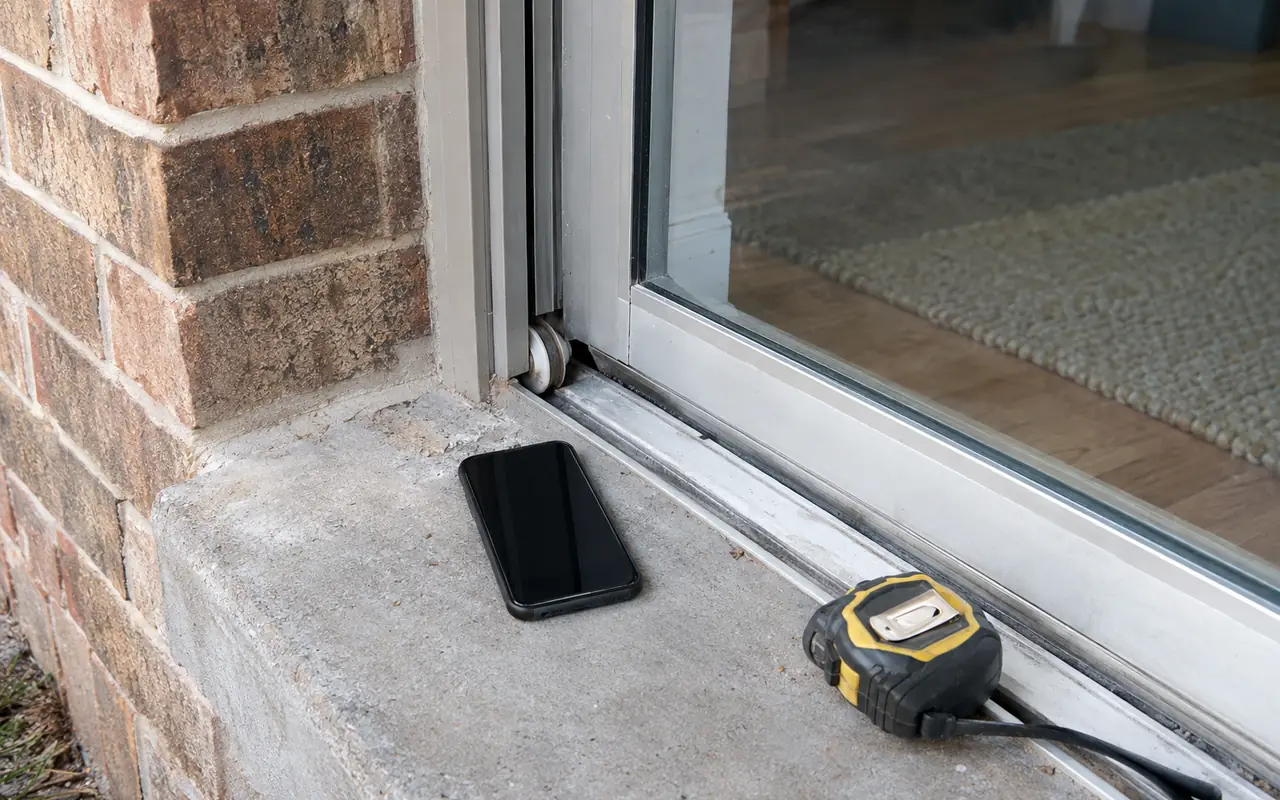 Phone with a blank screen on a sill aimed at a patio door's bottom corner, tape measure beside it.