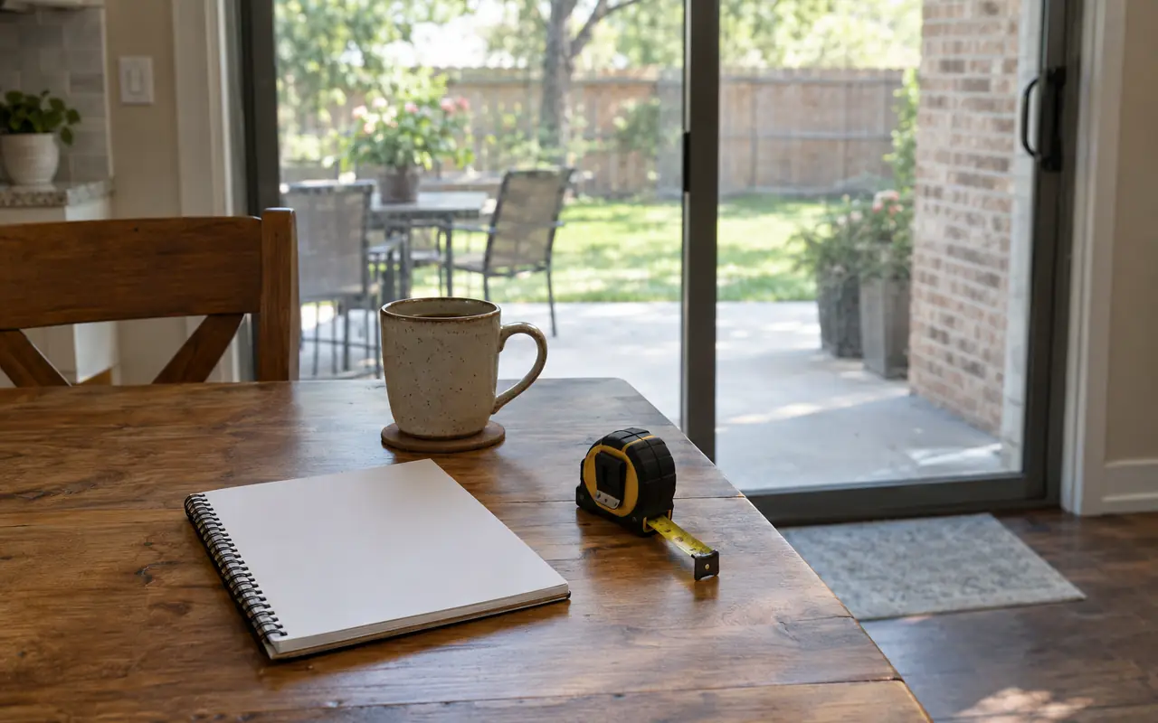 Kitchen table with a blank notebook, tape measure and mug beside a sliding patio door.