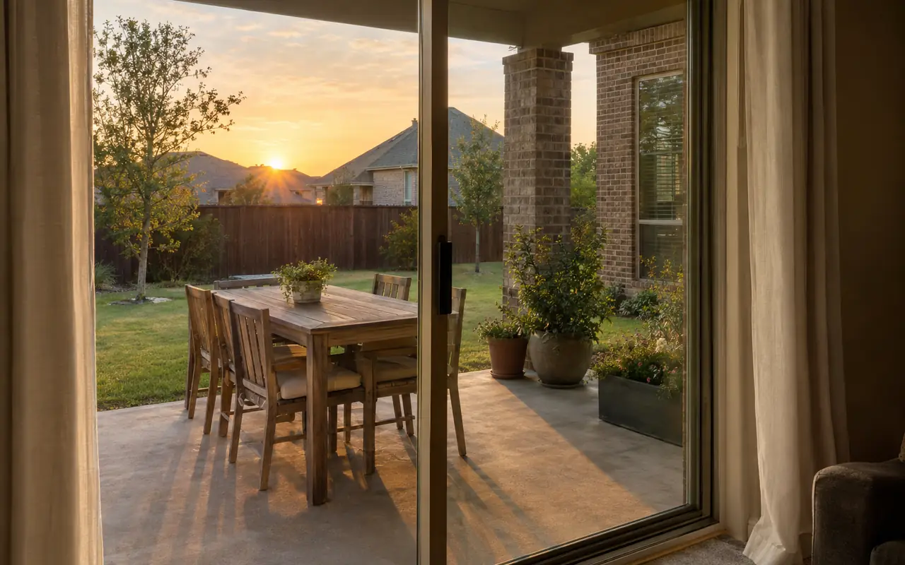 View through a sliding glass door onto a back patio at golden hour.