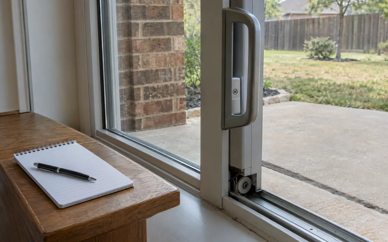 Blank notepad and pen on a sill beside a patio-door handle with the track below.